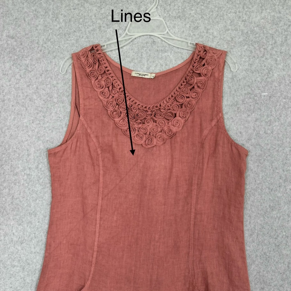 Lungo L'Arno 100% Linen Dress Womens Large Lagenlook Shift Pockets Rosette READ - Picture 4 of 14